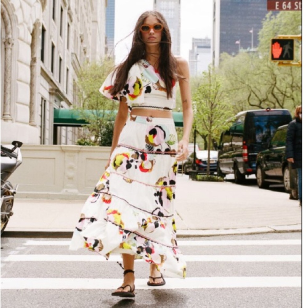 Zara White Floral Midi Skirt with Multicolor Accents